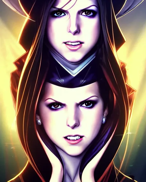 Image similar to ultra realistic, beautiful Anna Kendrick Zatanna DC Comics waist up floating, on stage, symmetrical face symmetrical eyes, smiling, modern anime, fantasy, eerie, intricate details, atmospheric, elegant, super highly detailed, professional digital painting, artstation, concept art, 8k, art by artgerm and eiichiro oda and koyoharu gotouge