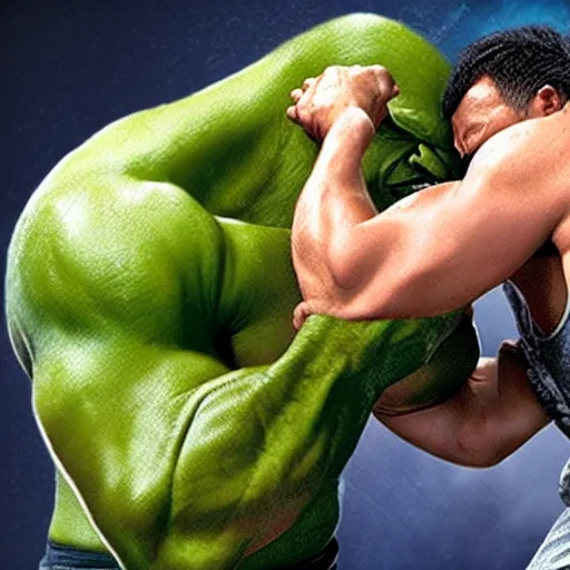 Prompt: Dwayne Johnson boxes with Hulk