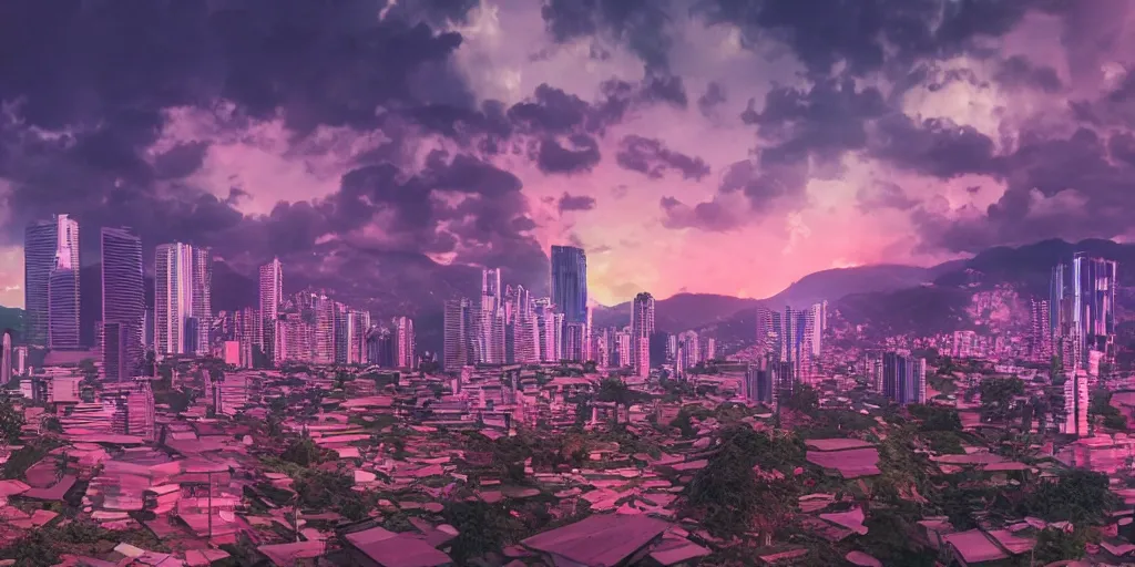 Prompt: medellin synthwave,, highly detailed vfx, cinematic, volumetric lighting,