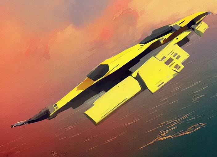 Image similar to a painting of a futuristic yellow submarine plane flying through the sky, red wings, concept art by Ian McQue, cgsociety, highly detailed, artstation, concept art, sci-fi