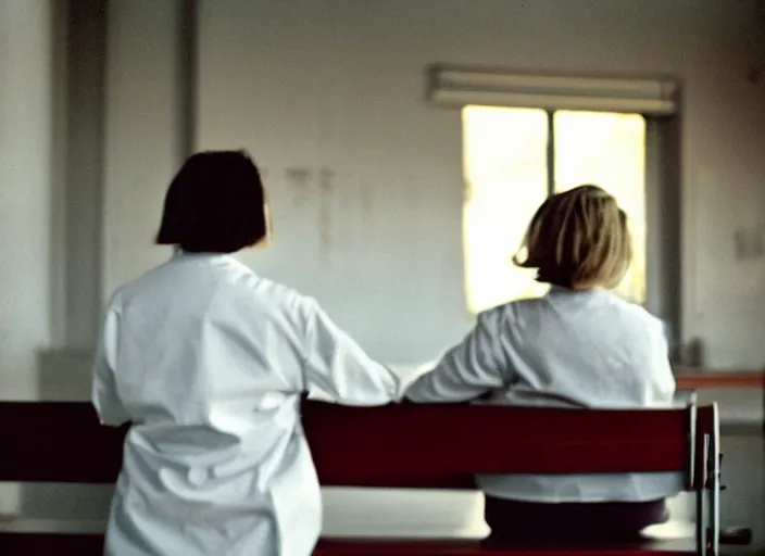 Prompt: a 3 5 mm photo from the back of a woman wearing a white lab coat sitting at a bench in a laboratory, bokeh, canon 5 0 mm, cinematic lighting, dramatic, film, photography, golden hour, depth of field, award - winning, 3 5 mm film grain, retro, film, kodachrome, closeup