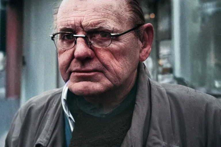 Image similar to an ultra realistic colour cinematic headshot portrait of an evil scientist, stood outside a corner shop, foggy, colour, detailed, deep focus, movie still, dramatic lighting, by fay godwin