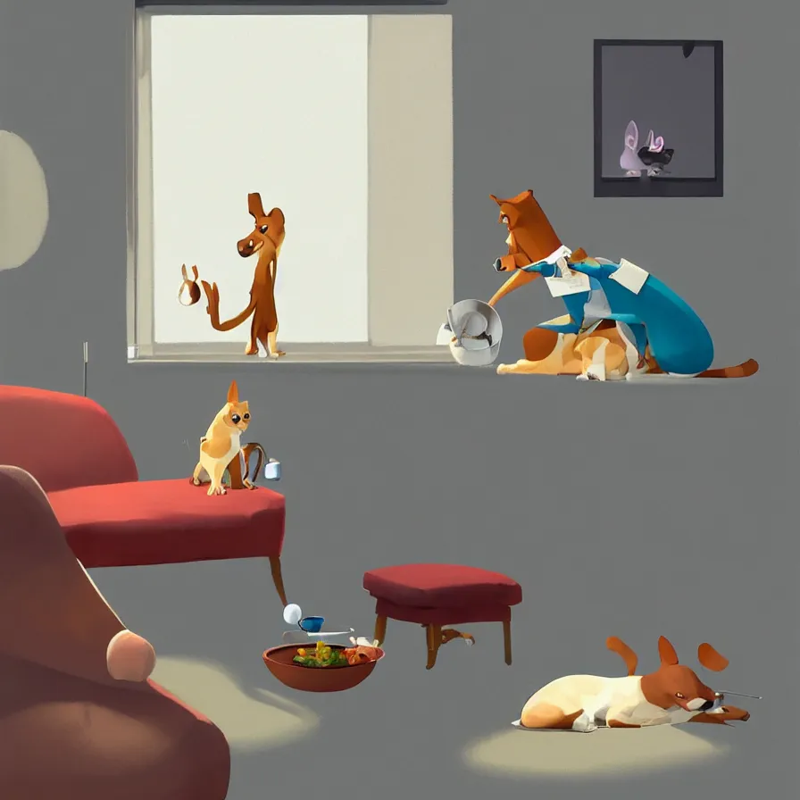 Image similar to Goro Fujita illustrating A dog on a sofa staring at the food dish under the window in the living room