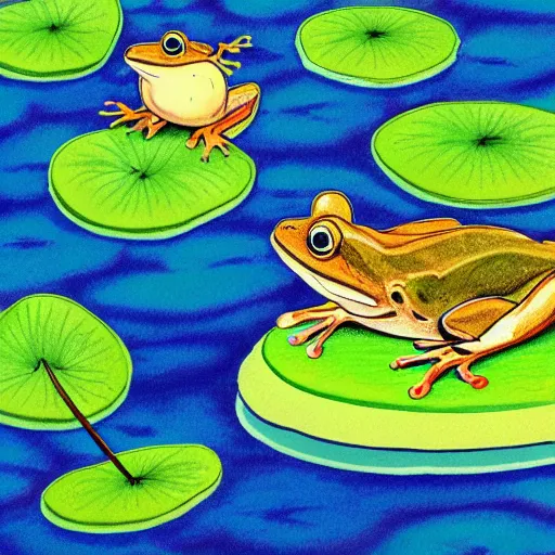 Prompt: cute cartoon gouache children’s book illustration of a frog on a lily pad in a pond