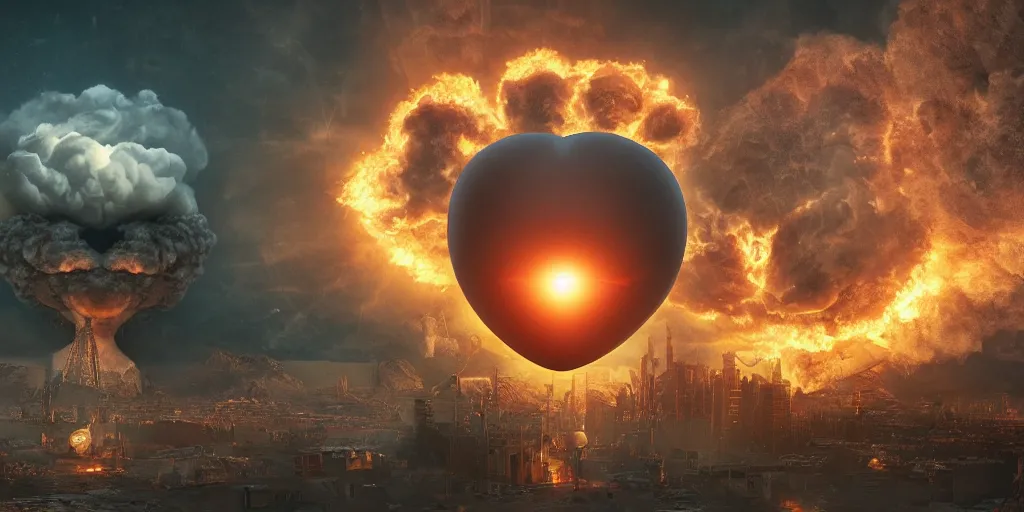 Prompt: Nuclear bomb in the shape of a heart , realistic 4k octane beautifully detailed render, 4k post-processing, highly detailed, intricate complexity, epic composition, magical atmosphere, cinematic lighting, masterpiece, ultra hd