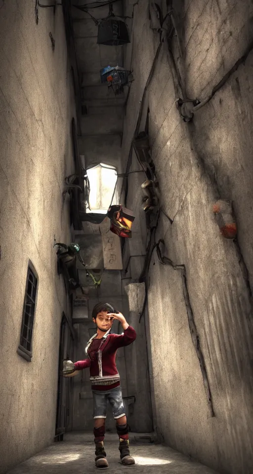 Prompt: A young boy wearing thief clothes with daggers in an alleyway, epic fantasy, octane render, high detail, photorealistic, High details,4k