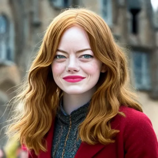 Prompt: emma stone as hermione granger in hogsmeade