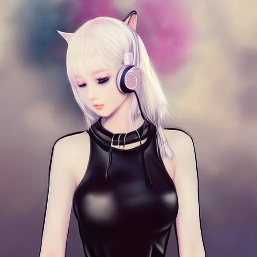 Image similar to realistic teasing detailed semirealism beautiful gorgeous cute Blackpink Lalisa Manoban white hair white cat ears blue eyes, wearing black camisole outfit, headphones, black leather choker full HD 4K high resolution quality WLOP, Aztodio, Taejune Kim, Guweiz, Pixiv, Instagram, Artstation