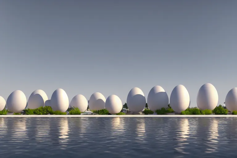 Prompt: 2 0 white round egg shaped buildings are combined to form a post - modern building, by pierre bernard, on the calm lake, people's perspective, future, interior wood, dusk, unreal engine highly rendered, global illumination, radial light, internal environment