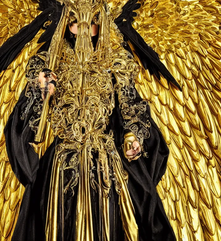 Image similar to full length picture of the angel of death wearing black robes with gold wings in an elaborate cathedral, high octane, 8k, ultra detailed, photorealistic