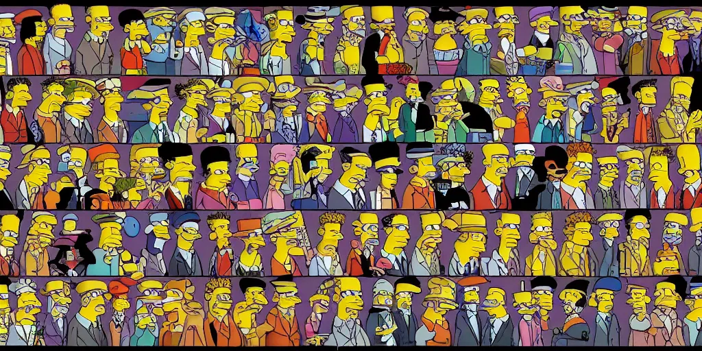 Image similar to the simpsons, autostereograms, escher, where's wally, repeated shapes