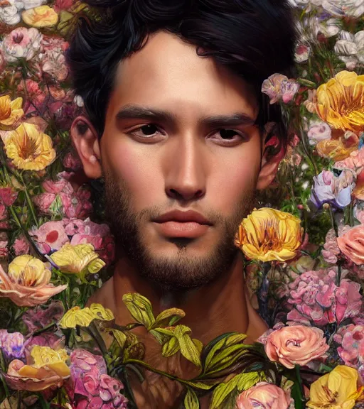 Image similar to portrait of a peruvian male model, surrounded by flowers by karol bak, james jean, tom bagshaw, rococo, trending on artstation, cinematic lighting, hyper realism, octane render, 8 k, hyper detailed.