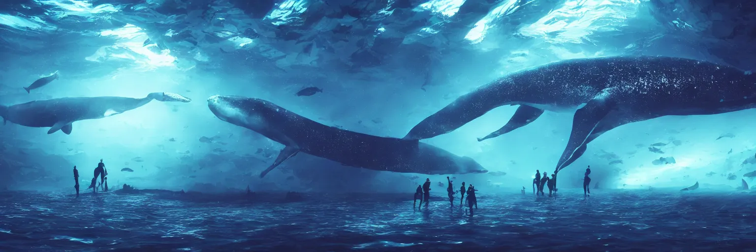 Image similar to under the ocean, fish with a glowing shadow of a giant whale, galaxy, hyper realistic, epic lighting, cyberpunk, wide angle lens