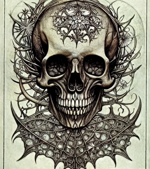 Image similar to memento mori by arthur rackham, art forms of nature by ernst haeckel, exquisitely detailed, art nouveau, gothic, ornately carved beautiful skull dominant, intricately carved antique bone, art nouveau botanicals, ornamental bone carvings, art forms of nature by ernst haeckel, horizontal symmetry, arthur rackham, ernst haeckel, symbolist