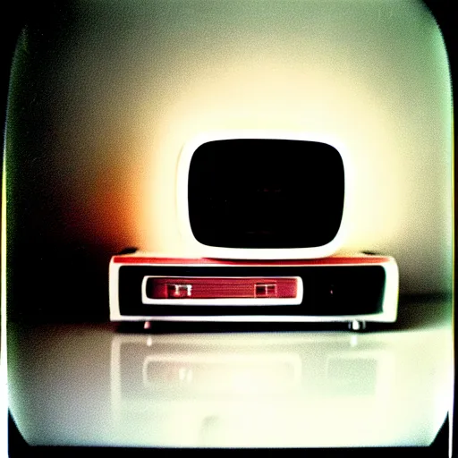 Image similar to a living room in 1982 A square CRT TV is on, with Netflix on the screen!!!!! The only light in the room is the light from TV. Polaroid photograph, very detailed