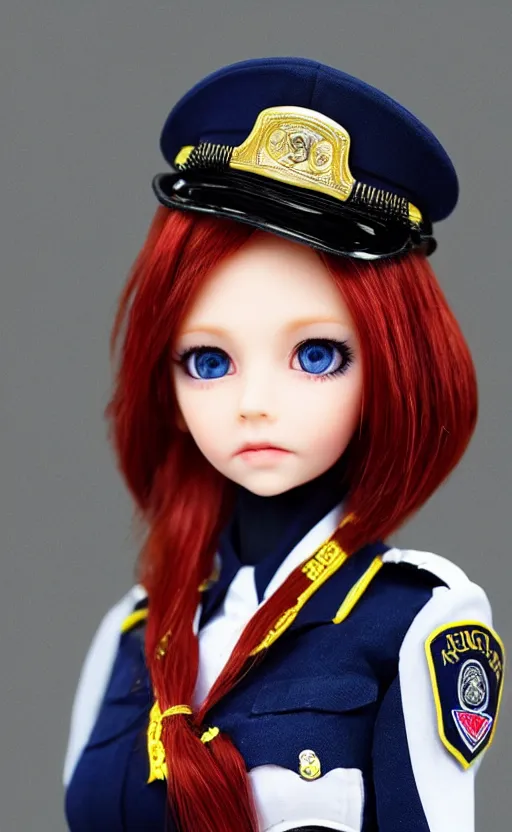 Prompt: dollfie in police uniform, red hair, blue eyes,