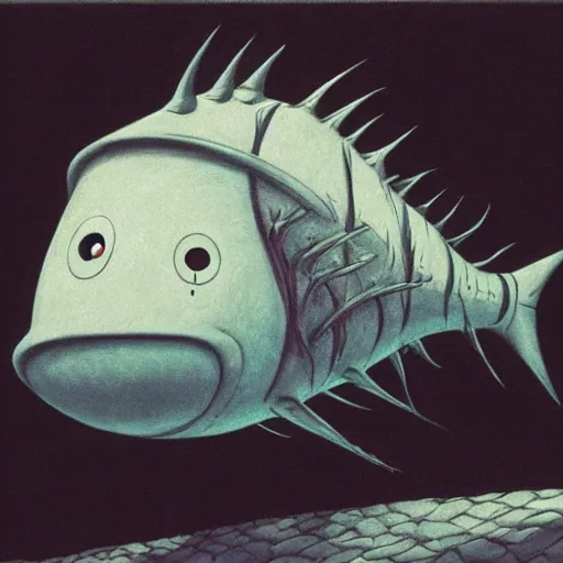 Prompt: creepy fish by shaun tan, side view, style of yoshitaka amano john kenn mortensen studio ghibli junji ito