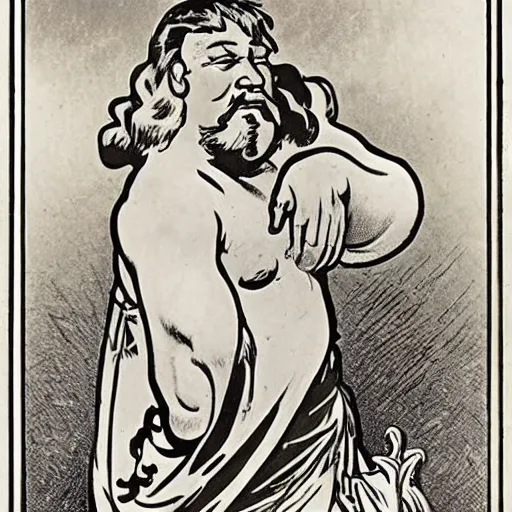 Prompt: Obelix posing without his helmet on by Alphonso Mucha