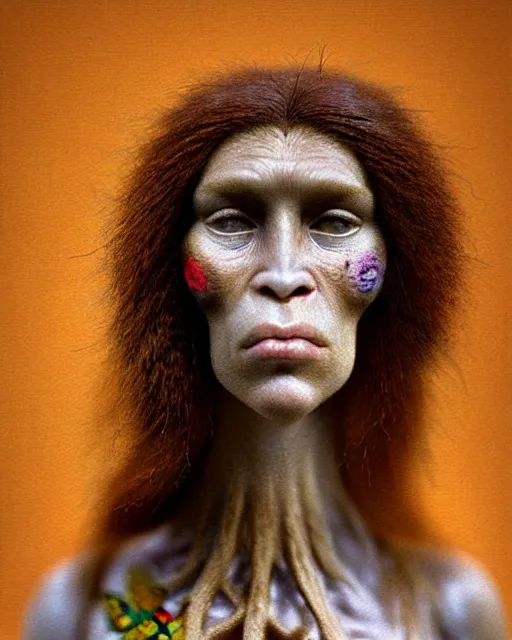 Prompt: kodak portra 4 0 0 of portrait of a cavewoman neanderthal, elegant, 1 5 0 mm lens, art nouveau fashion embroidered, hyper realistic, ultra detailed, soft colours scheme, emotionally evoking, head in focus, fantasy, soft blur background light, volumetric lighting, highly detailed, refined, highly detailed, fine art fashion magazine style, hyper realistic, photo realistic