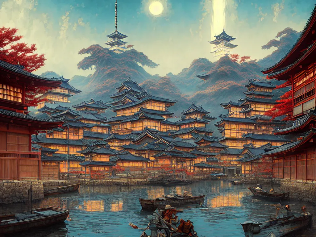 Image similar to old japanese small town viewed from harbor, d & d digital painting, intricate details, ultra realistic, beautiful, volumetric lighting, warm colors advance, cell shading, by james jean, greg rutkowski, gerald brom, wlop