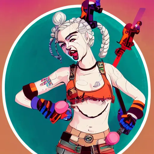 Prompt: julia garner as tank girl as harley quinn as delirium of the endless, the sandman, clean cel shaded vector art. shutterstock. behance hd by lois van baarle, artgerm, helen huang, by makoto shinkai and ilya kuvshinov, rossdraws, illustration