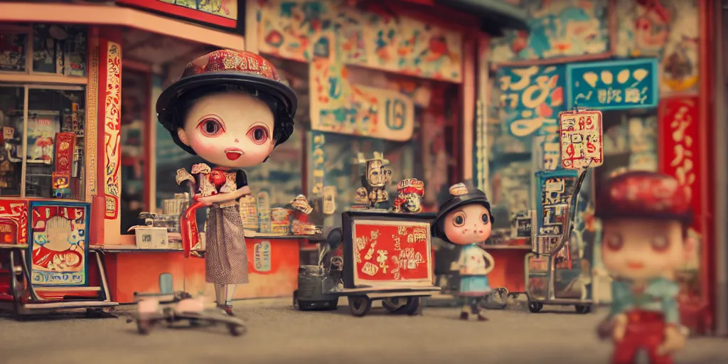 Image similar to closeup portrait of tin toy retro tokyo corner store diorama, depth of field, f 3 2, zeiss lens, detailed, centered, fashion photoshoot, by nicoletta ceccoli, mark ryden, lostfish, breathtaking, 8 k resolution, extremely detailed, beautiful, establishing shot, artistic, hyperrealistic, octane render, - h 8 0 4
