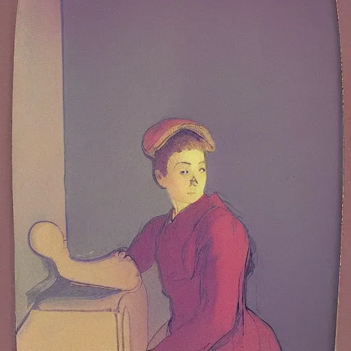 Image similar to a girl in a room, old polaroid by goya, by henri de toulouse - lautrec, elegant drawing, digital painting, jugendstil, strong lights, flat colors, pastel colors,