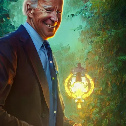 Prompt: ultra realistic illustration of magical joe biden!!!, forest, fantasy, colorful lights, intricate, elegant, highly detailed, digital painting, artstation, concept art, smooth, sharp focus, illustration, art by artgerm and greg rutkowski and alphonse mucha