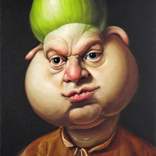 Prompt: onion man portrait, baroque painting, smug fat onion head