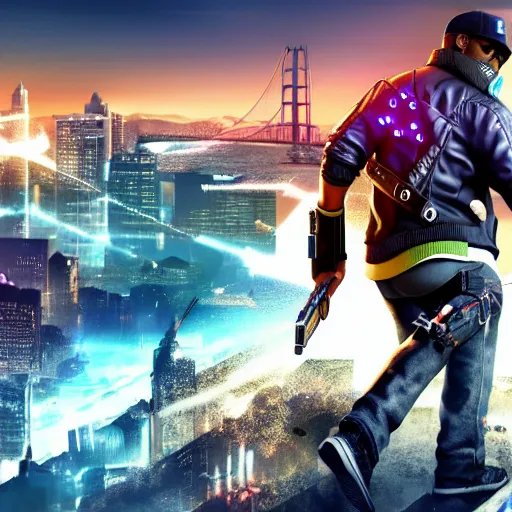 Image similar to Watch dogs 2057 cover , futuristic, realistic, ultra hd, 4k, concept art, shooting a gun, explosions, sharp