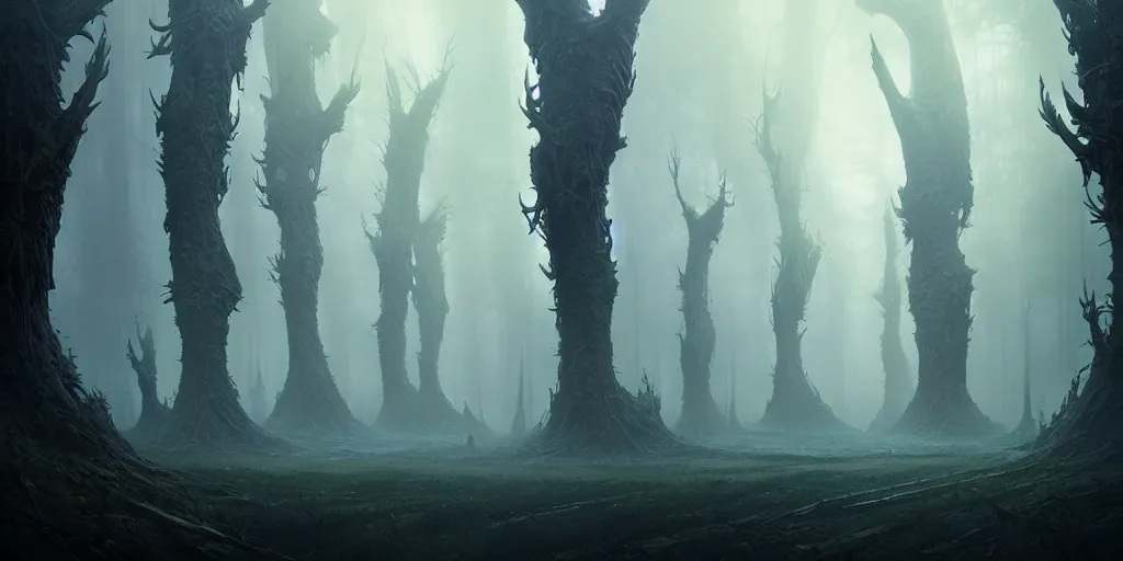 Prompt: strange alien forest, misty, ultra high definition, ultra detailed, symmetry, sci - fi, dark fantasy, by greg rutkowski and ross tran