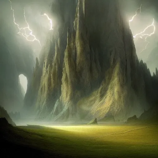 Prompt: a beautiful detailed realistic matte painting of a serene landscape with an eerie dark magic lightning portal to another dimension, by john howe and alexander skold and andreas rocha. vray, raytracing, detailed lighting, volumetric lighting, cinematic lighting, very wide shot, f 8