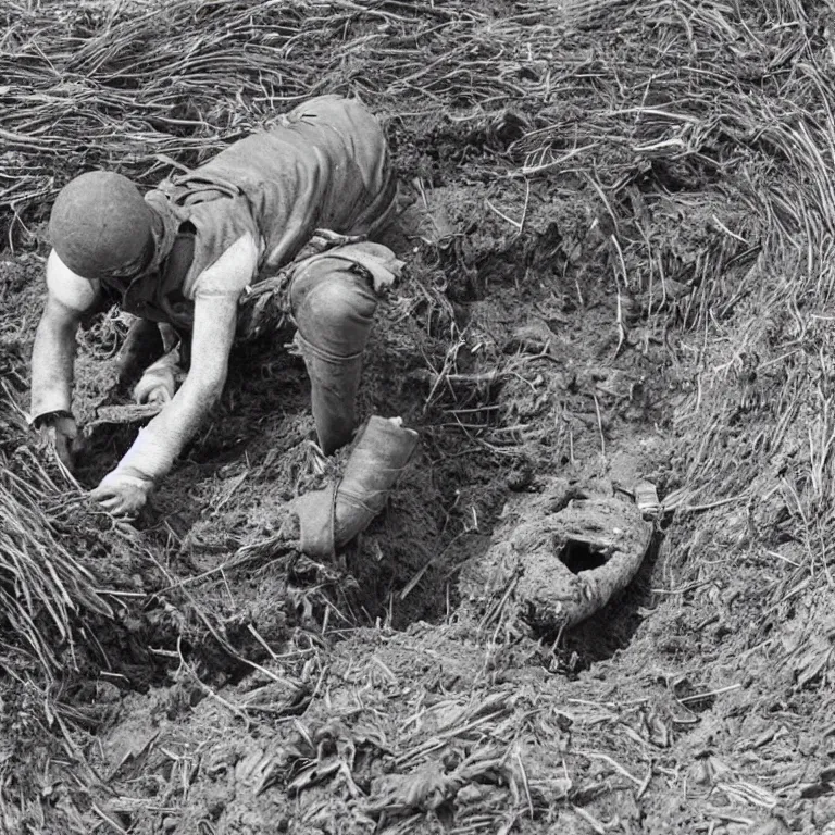 Image similar to badger from wind in the willows, in 1940s suit digging at the sutton hoo ship burial, rendered as a black & white photo