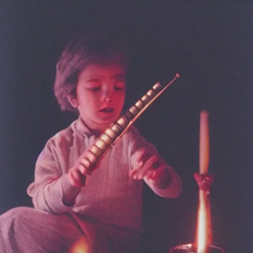 Image similar to a close up portrait of a wizard playing the flute, fireplace lighting, nighttime, kodak vision 5 0 0 t