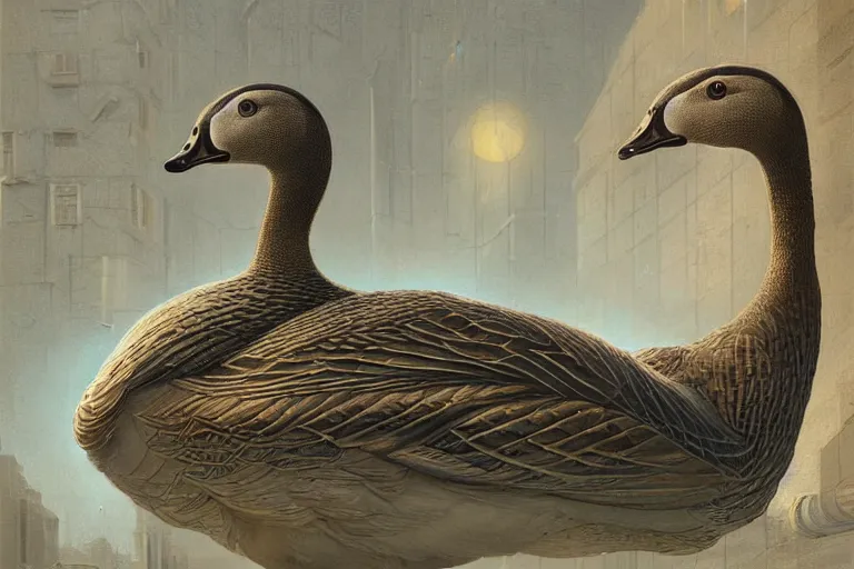 Image similar to A solarpunk very highly detailed anhtropomorphic Goose with very highly detailed face on the street of a very highly detailed solarpunk sci-fi city digital rational painting art by Greg Rutkowski, sci-fi highly detailed, digital concept art, Dimensional cyan gold natural light, sharp focus, Golden Ratio illustration, realistic concept art by Stephen Hickman and James Gurney and Hiromasa Ogura Ghost in the Shell rendered in Octane Render, From the distance