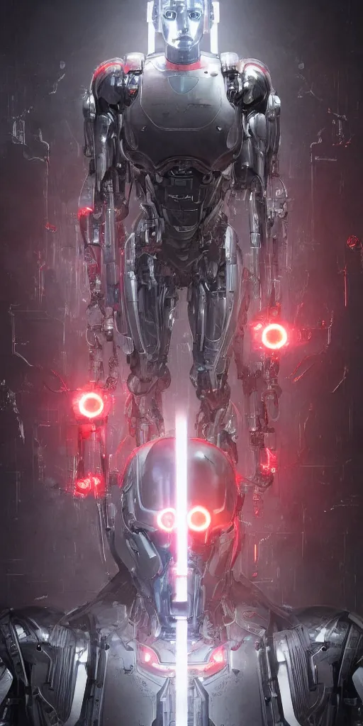 Image similar to cyborg, borg, android, strogg, face of a man, body of a robot, droid, robocop, cable, victor stone, ultron, terminator, machine, flesh, quake, doom demon, wolfenstein, monster, octane render, from an anime movie, symmetry, symmetrical, concept art by ruan jia and greg rutkowski