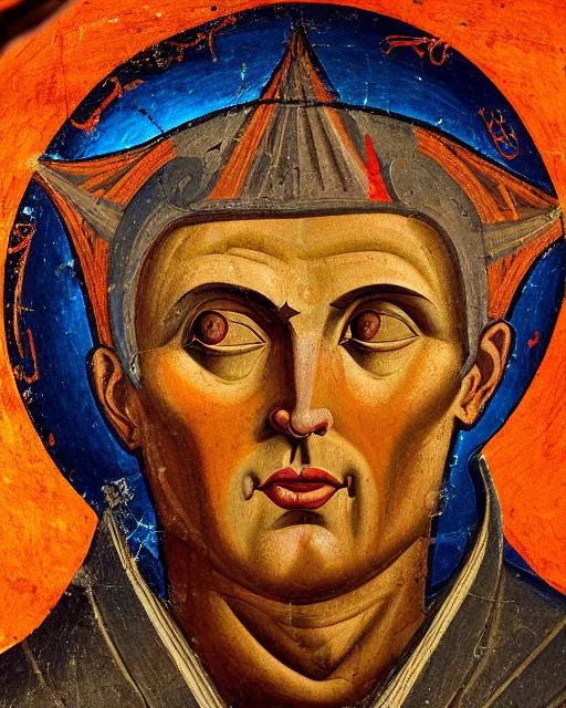 Image similar to byzantine fresco of demonic aloysius stepinac with bright orange eyes and demonic horns, sun ray, shaft of light, vivid colors, high production value, intricate details, high resolution, hyperrealistic, hdr, high definition, masterpiece, ultra realistic, highly detailed, hd, sharp focus, non blurry, sharp, smooth