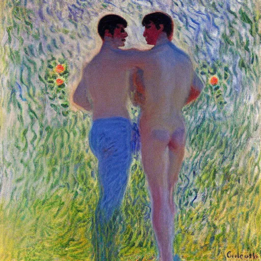 Image similar to gay lovers in 1 9 7 0 by claude monet