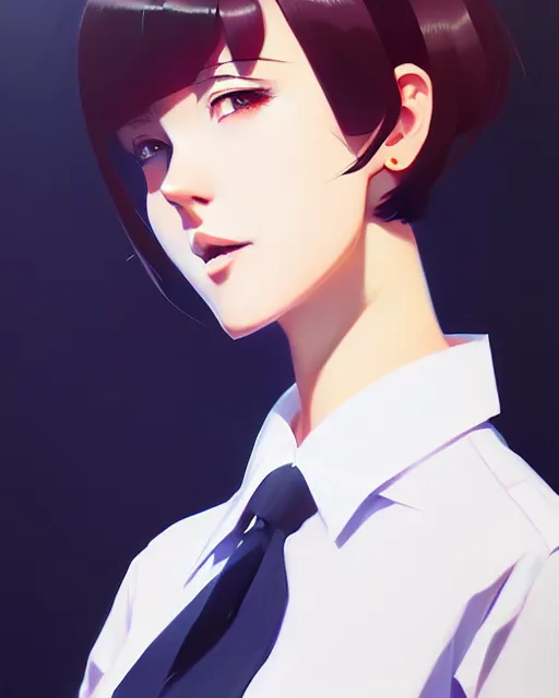 Image similar to a ultradetailed beautiful panting of a stylish woman wearing a shirt with a tie, by ilya kuvshinov, greg rutkowski and makoto shinkai, trending on artstation