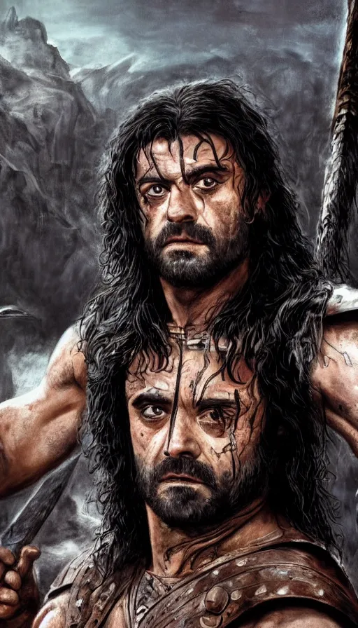 Image similar to oscar isaac as conan the barbarian, portrait, savage, action, high fantasy, concept art, 4 k, style of richard amsel