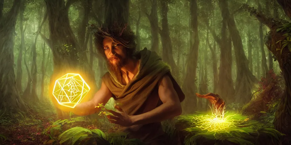 Image similar to a mythical, magical forest spirit wizard casting a spell on dice, glowing energy, fantasy magic, by willian murai and jason chan and marco bucci, hyper detailed and realistic, illustration, sharp focus, cinematic, rule of thirds, foresthour