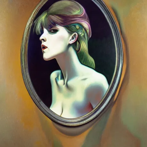 Image similar to A ghostly woman crawling out of a mirror, horror, oil on canvas, in the style of Range Murata and Alphonse Mucha