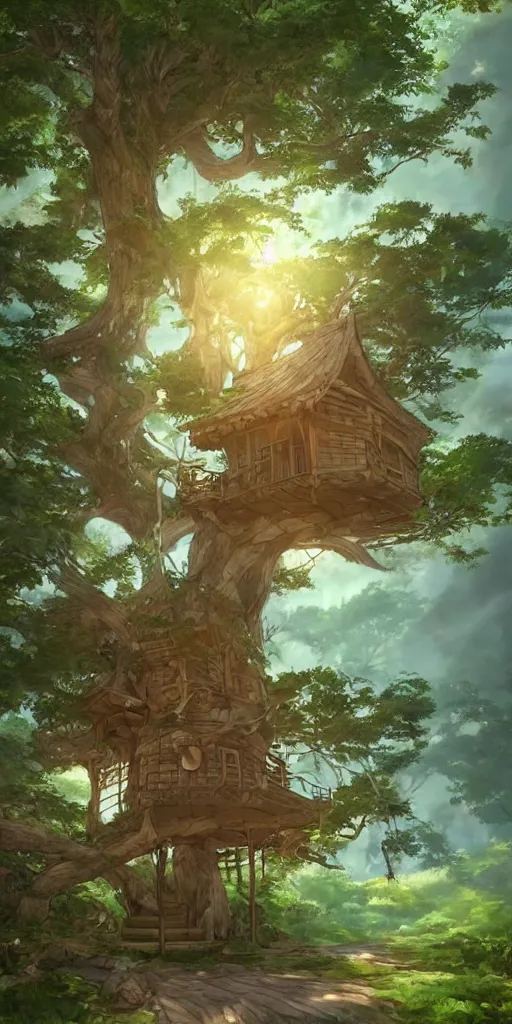 Image similar to beautiful tree house on a forest path, beautiful ancient trees, hiding large treasure chest, serene evening atmosphere, soft lens, soft light, cel - shading, animation, in the style of cgsociety, deviantart, artstation, zbrush, cinema 4 d, studio ghibli, akihiko yoshida, atelier lulua, masamune shirow