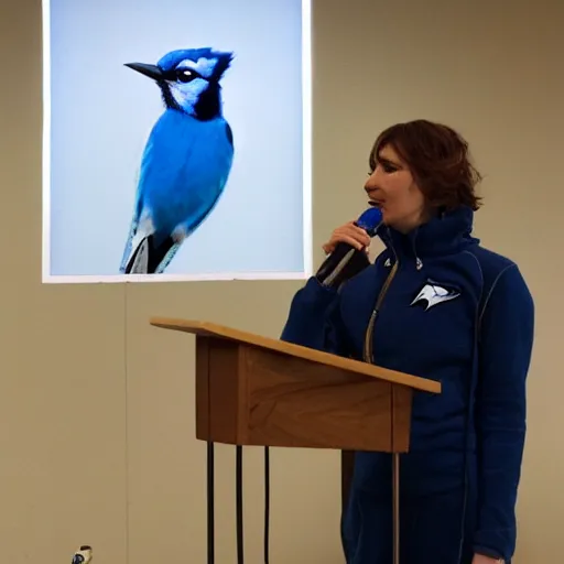 Image similar to bluejay giving a speech