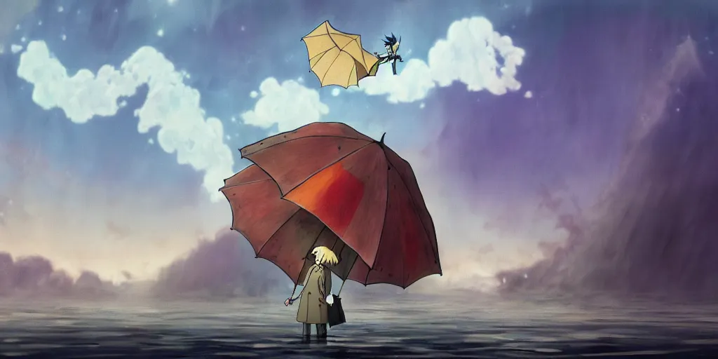 Image similar to a realistic and atmospheric cell - shaded concept art from howl's moving castle ( 2 0 0 4 ) of a multi - colored wyvern in the air. a man with an umbrella is standing in a flooded city. it is a misty starry night. very dull muted colors, hd, 4 k, hq