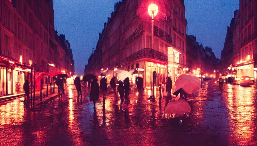 Prompt: street of paris photography, night, rain, mist, a pink umbrella, cinestill 8 0 0 t, in the style of william eggleston