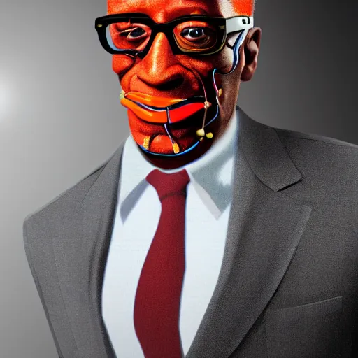 Image similar to gus fring with half his face mechanized and replaced with robotic parts