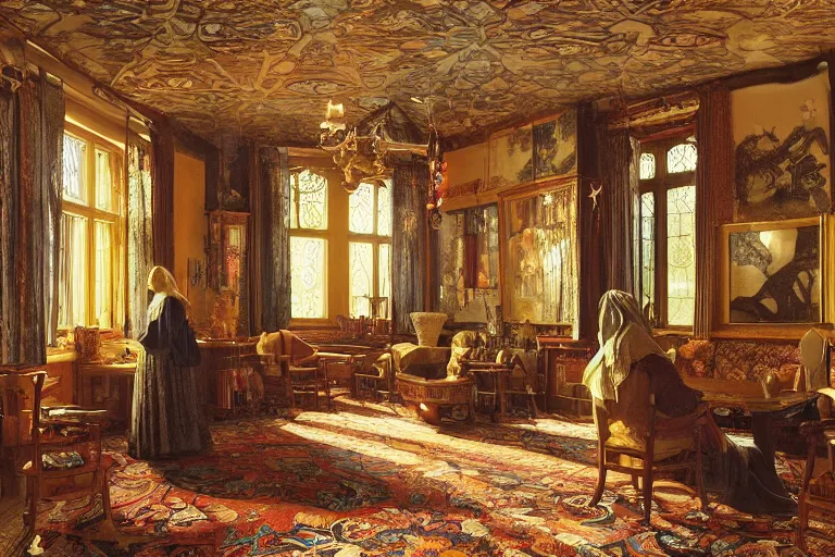 Image similar to a bohemian parlor with sunbeams streaming in from tall windows, by Donato Giancola and Vermeer,floral embroidery, carved wood, oriental carpets,rich deep color, dramatic cinematic lighting, featured on Artstation, cgsociety, unreal engine