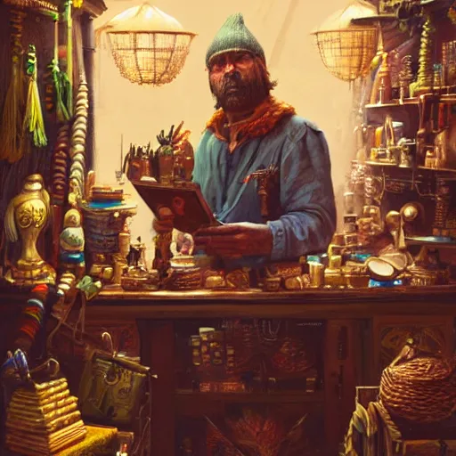 Prompt: A Anthropomorphized parrot trader in his shop, selling his wares, portrait, items, gold, carpet, window, sly expression, cunning expression, D&D, fantasy, intricate, cinematic lighting, highly detailed, digital painting, artstation, concept art, smooth, sharp focus, illustration, art by Greg Rutkowski