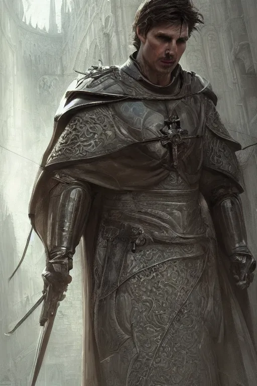 Prompt: Portrait of Tom Cruise as inquisitor of holy church medieval, dark, intricate, highly detailed, smooth, artstation, digital illustration by Ruan Jia and Mandy Jurgens and Artgerm and Wayne Barlowe and Greg Rutkowski and Zdislav Beksinski